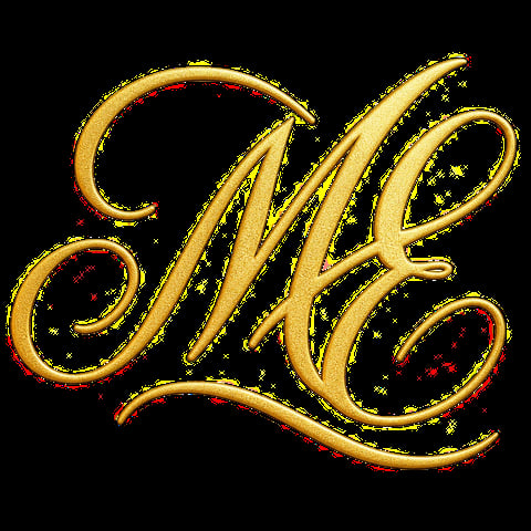Gold ornamental script lettering with red accents and star details on black background
